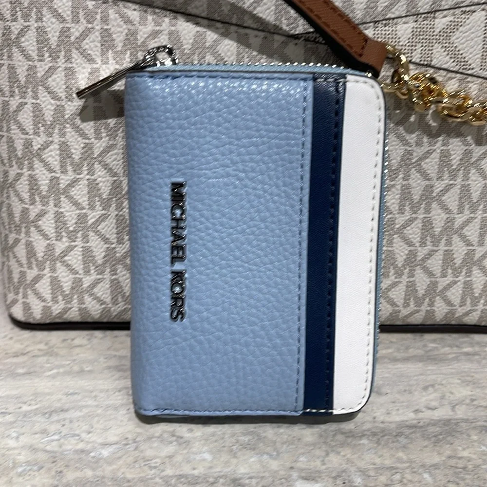 Michael Kors Jet Set Travel Medium Zip Around Color-Block Wallet Pale Blue Mult